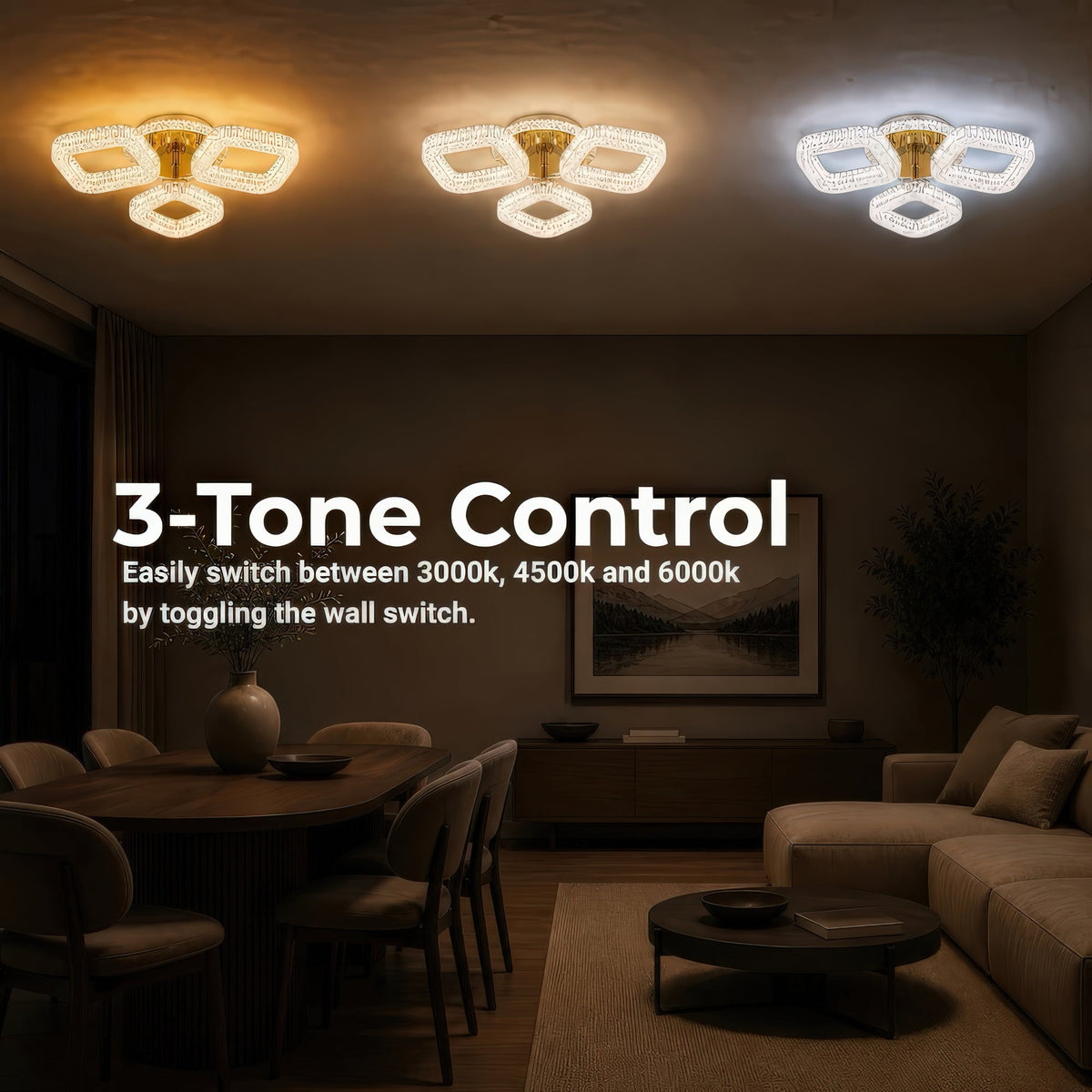 Lustra LED RENATO Nobile cu telecomanda si cristal, 39W, 3 Patrate, Lumina Rece/Calda/Neutra, Dimabila, Auriu