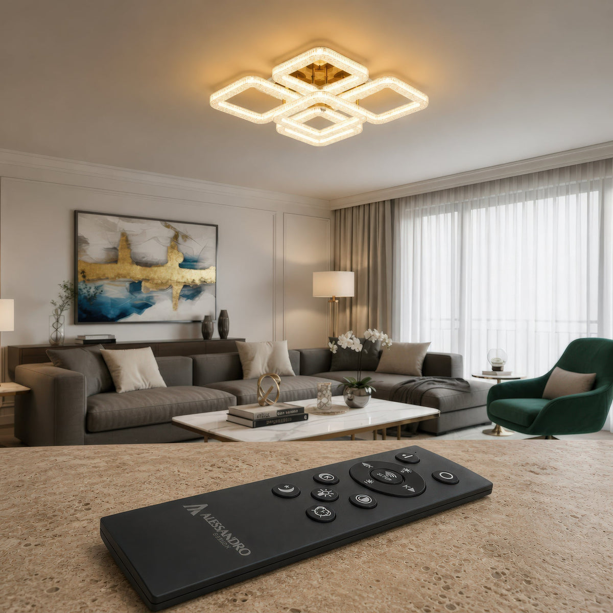 Lustra LED RENATO Magno cu telecomanda si cristal, 118W, 5 Patrate, Lumina Rece/Calda/Neutra, Dimabila, Auriu