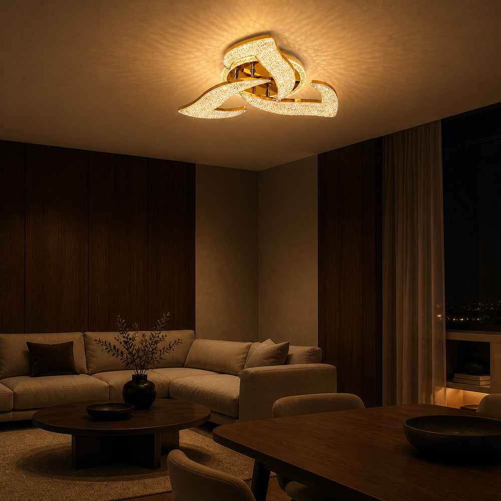 Lustra LED HALESA Eleganza cu telecomanda si cristal, 44W, 3 Surse, Lumina Rece/Calda/Neutra, Dimabila, Auriu