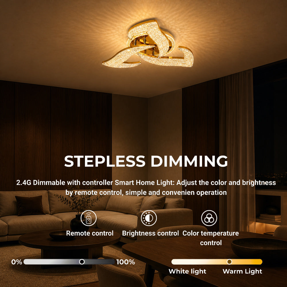 Lustra LED HALESA Eleganza cu telecomanda si cristal, 44W, 3 Surse, Lumina Rece/Calda/Neutra, Dimabila, Auriu