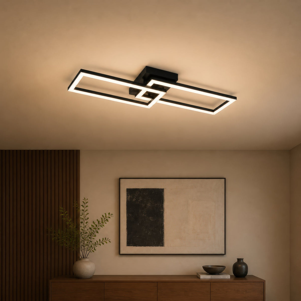 Lustra LED cu telecomanda BANDO 38W, 2 Drepunghiuri, Lumina Rece/Calda/Neutra, Dimabila, Negru, Metal si Acril