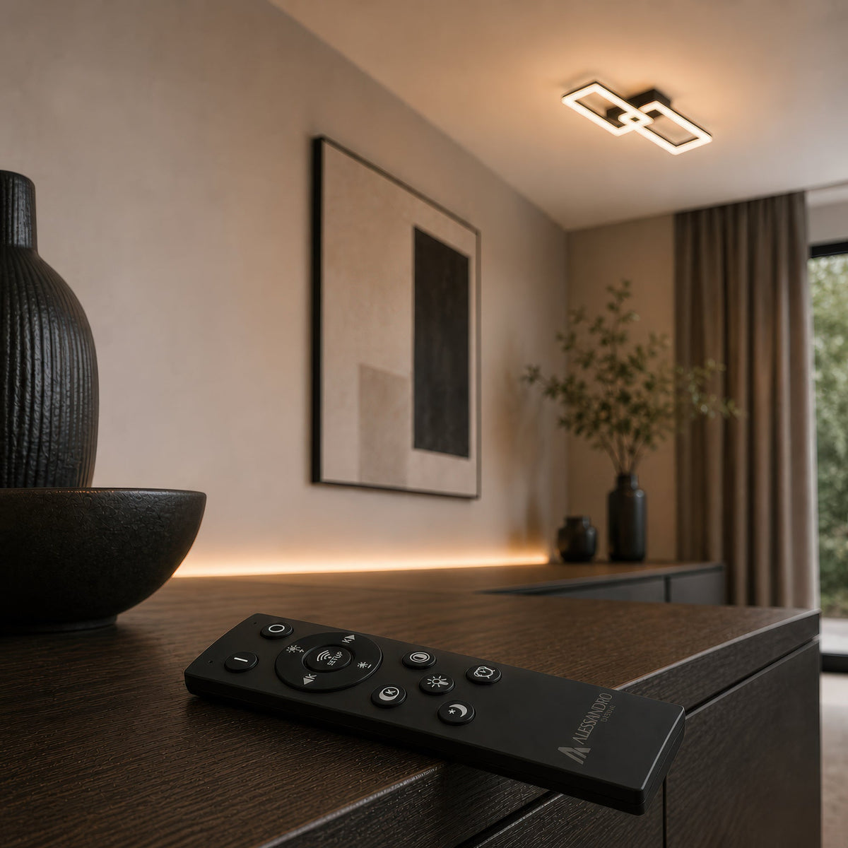 Lustra LED cu telecomanda BANDO 38W, 2 Drepunghiuri, Lumina Rece/Calda/Neutra, Dimabila, Negru, Metal si Acril