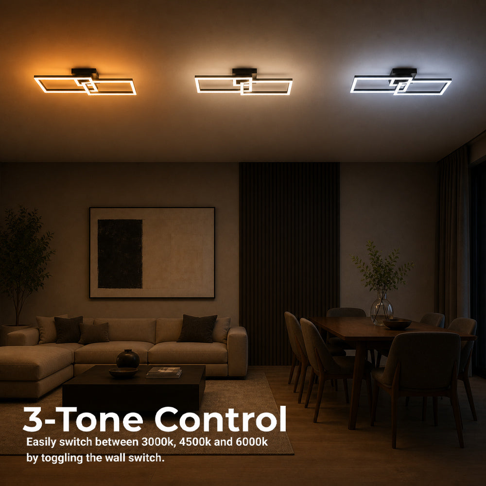 Lustra LED cu telecomanda BANDO 38W, 2 Drepunghiuri, Lumina Rece/Calda/Neutra, Dimabila, Negru, Metal si Acril