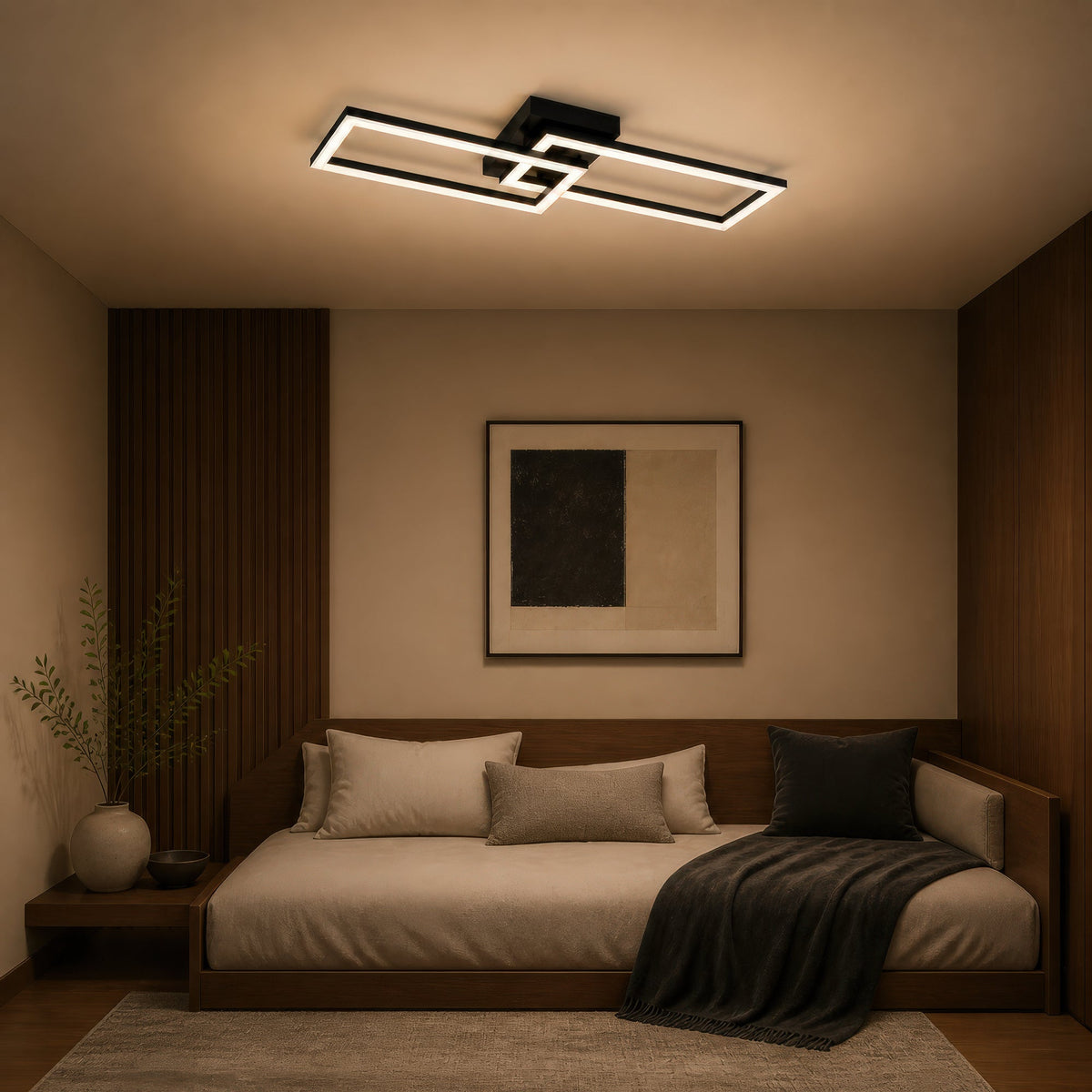 Lustra LED cu telecomanda BANDO 38W, 2 Drepunghiuri, Lumina Rece/Calda/Neutra, Dimabila, Negru, Metal si Acril