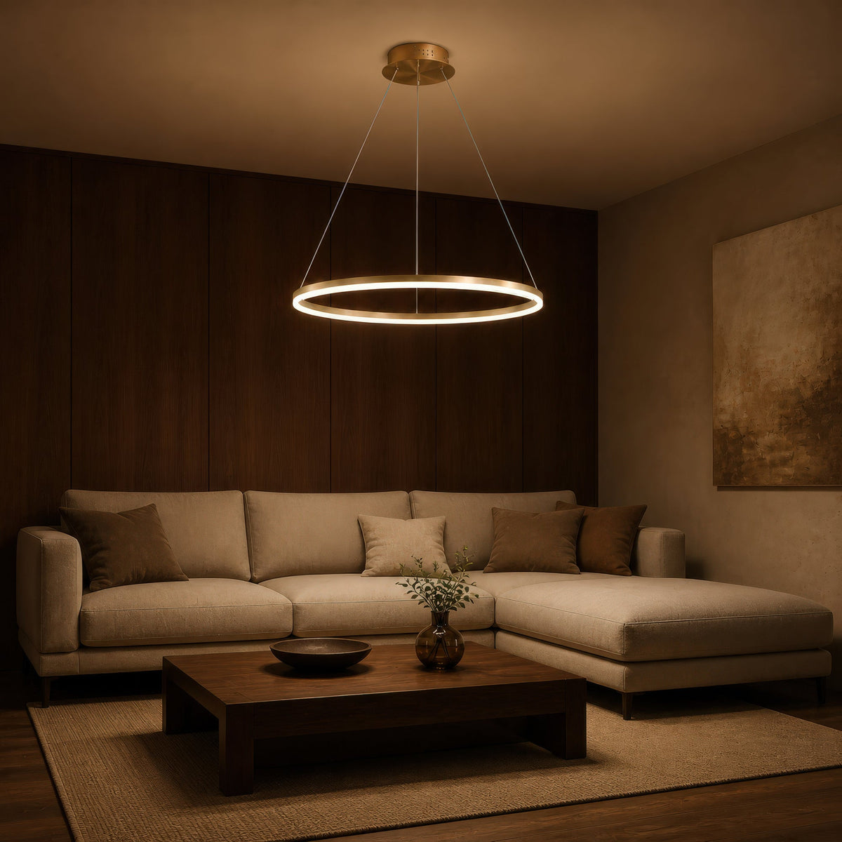 ANINA LED Pendant Chandelier, 34W, 1 Ring, 50cm Diameter, Cool/Warm/Neutral Light 3000K/4000K/6000K, Dimmable, Glossy Gold White, Adjustable Height, imaginea 10