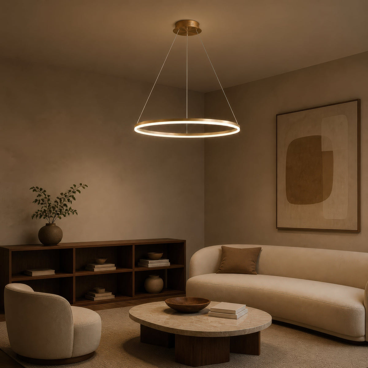 ANINA LED Pendant Chandelier, 34W, 1 Ring, 50cm Diameter, Cool/Warm/Neutral Light 3000K/4000K/6000K, Dimmable, Glossy Gold White, Adjustable Height, imaginea 11