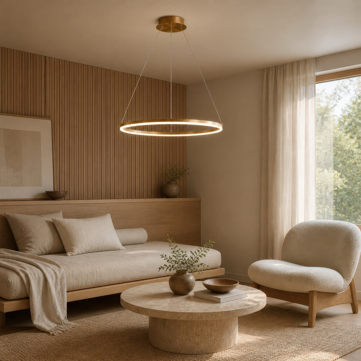 ANINA LED Pendant Chandelier, 34W, 1 Ring, 50cm Diameter, Cool/Warm/Neutral Light 3000K/4000K/6000K, Dimmable, Glossy Gold White, Adjustable Height, imaginea 12
