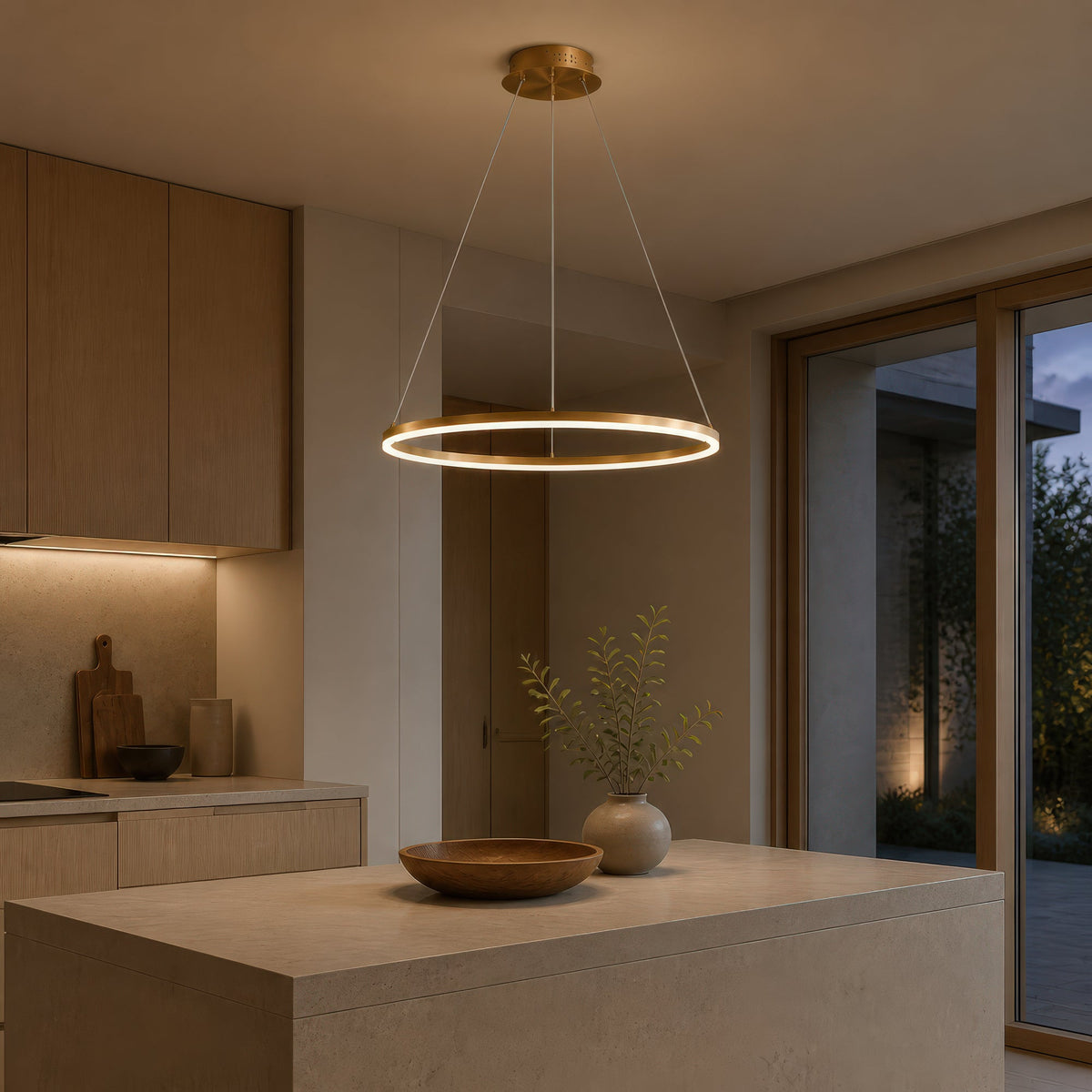 ANINA LED Pendant Chandelier, 34W, 1 Ring, 50cm Diameter, Cool/Warm/Neutral Light 3000K/4000K/6000K, Dimmable, Glossy Gold White, Adjustable Height, imaginea 13