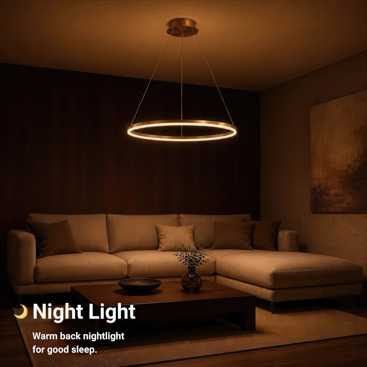 ANINA LED Pendant Chandelier, 34W, 1 Ring, 50cm Diameter, Cool/Warm/Neutral Light 3000K/4000K/6000K, Dimmable, Glossy Gold White, Adjustable Height, imaginea 6