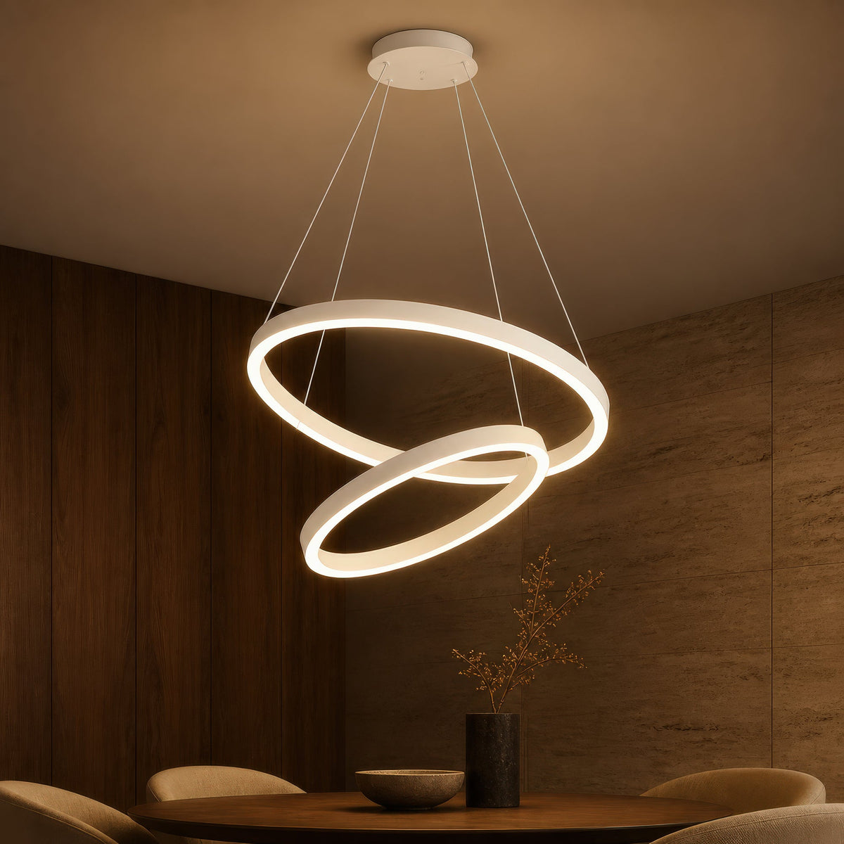 CASIANA 41W LED Pendant Chandelier with Remote Control, 2 Rings, Cool/Warm/Neutral Light, Dimmable, White, Adjustable Height, imaginea 1