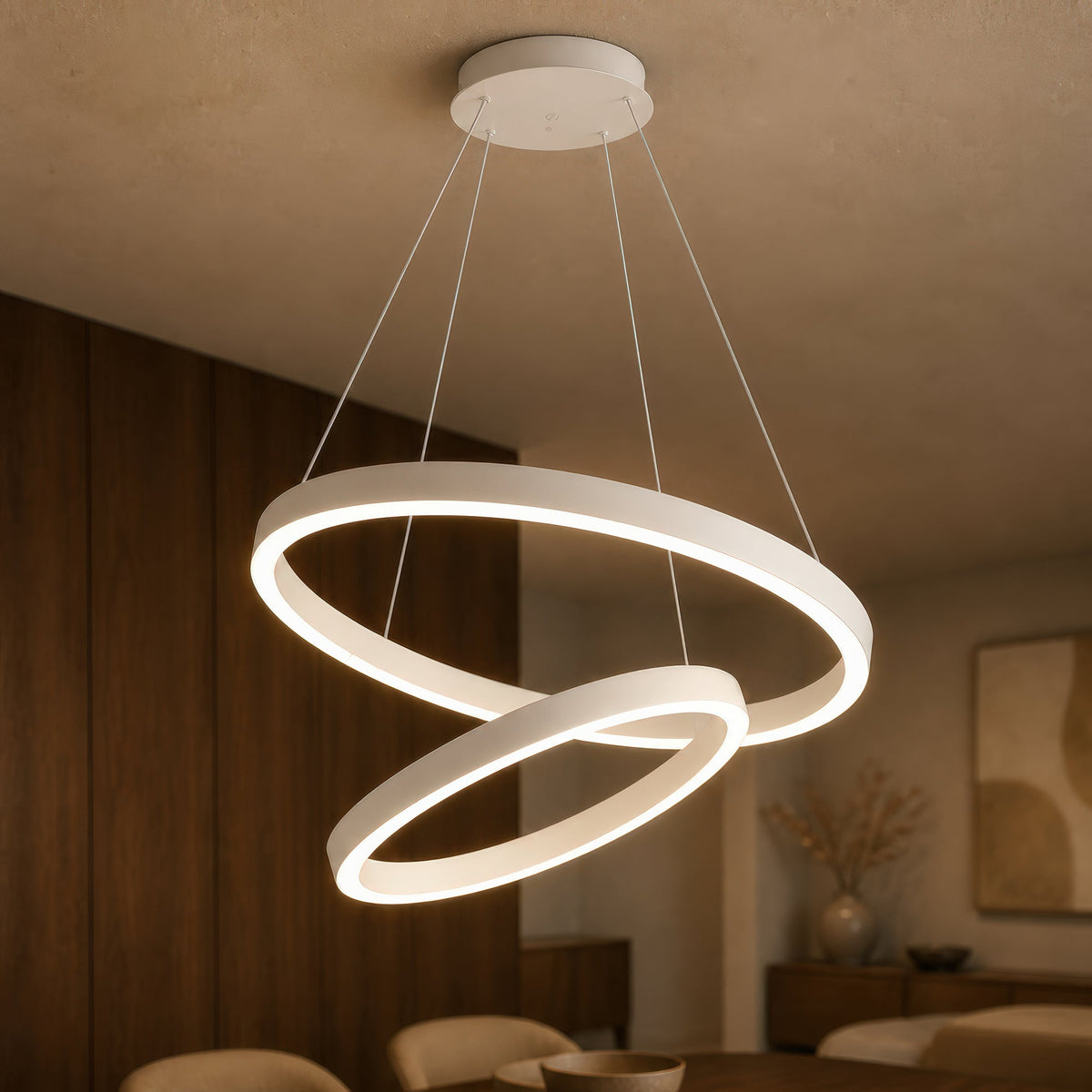 CASIANA 41W LED Pendant Chandelier with Remote Control, 2 Rings, Cool/Warm/Neutral Light, Dimmable, White, Adjustable Height, imaginea 9