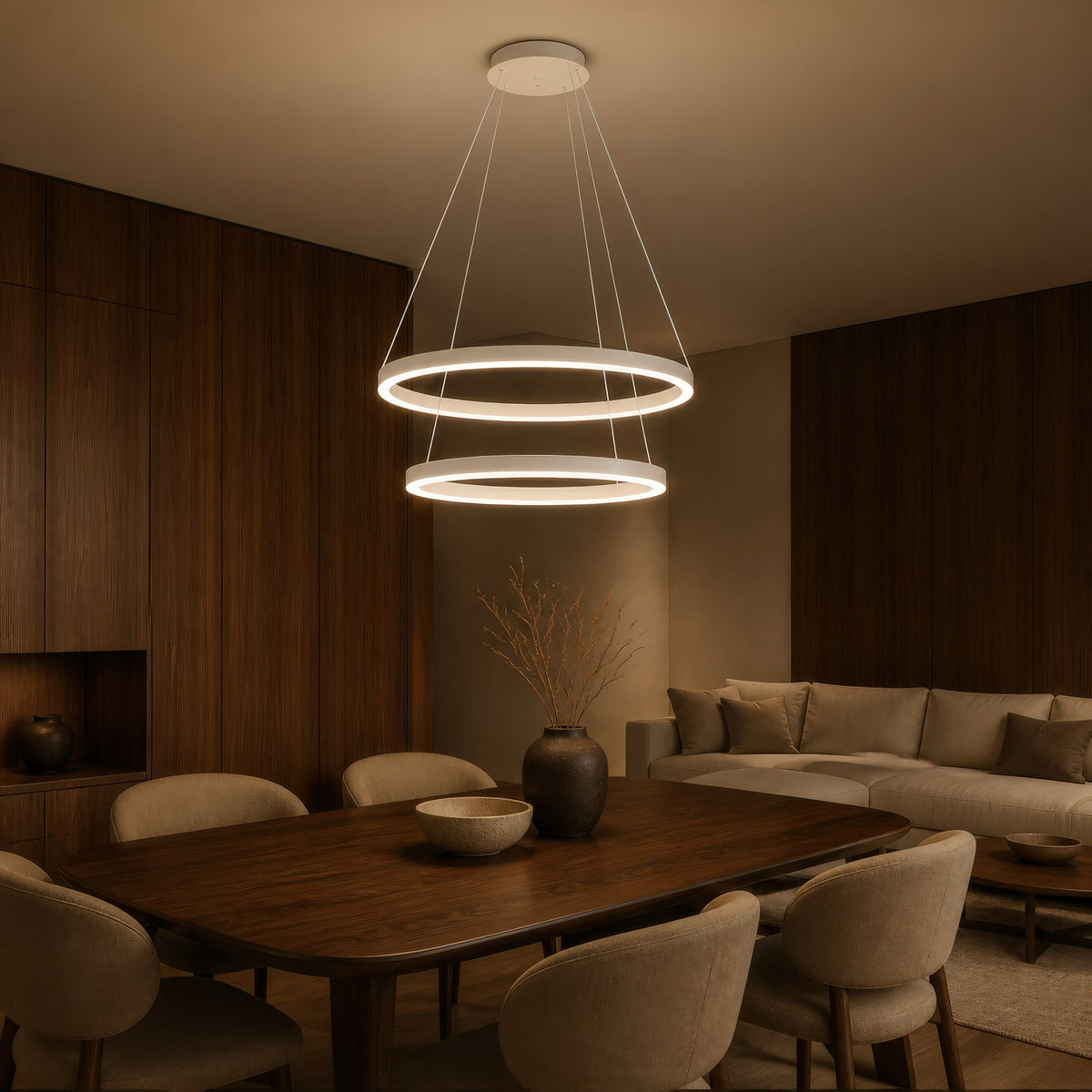 CASIANA 41W LED Pendant Chandelier with Remote Control, 2 Rings, Cool/Warm/Neutral Light, Dimmable, White, Adjustable Height, imaginea 10