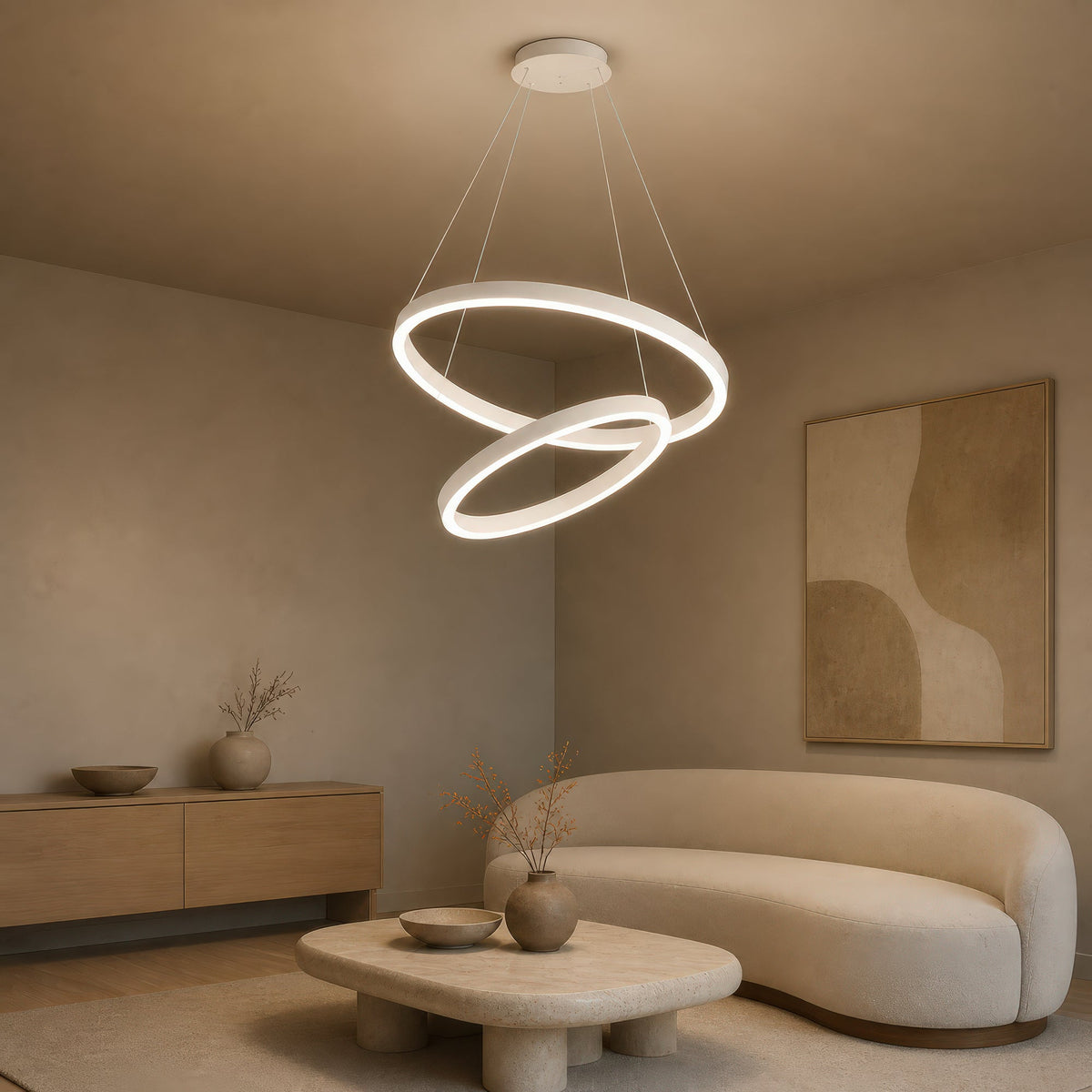 CASIANA 41W LED Pendant Chandelier with Remote Control, 2 Rings, Cool/Warm/Neutral Light, Dimmable, White, Adjustable Height, imaginea 11