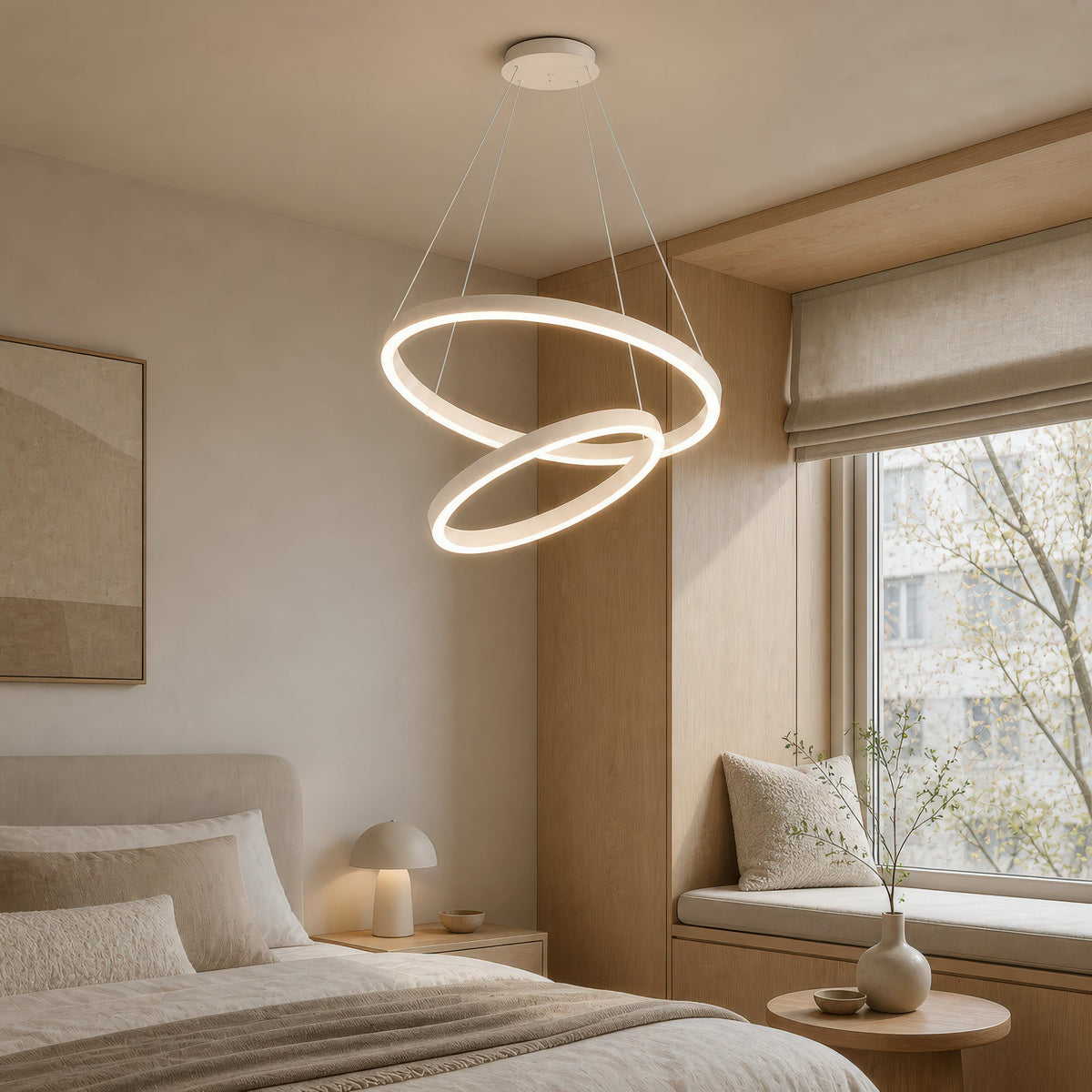 CASIANA 41W LED Pendant Chandelier with Remote Control, 2 Rings, Cool/Warm/Neutral Light, Dimmable, White, Adjustable Height, imaginea 12
