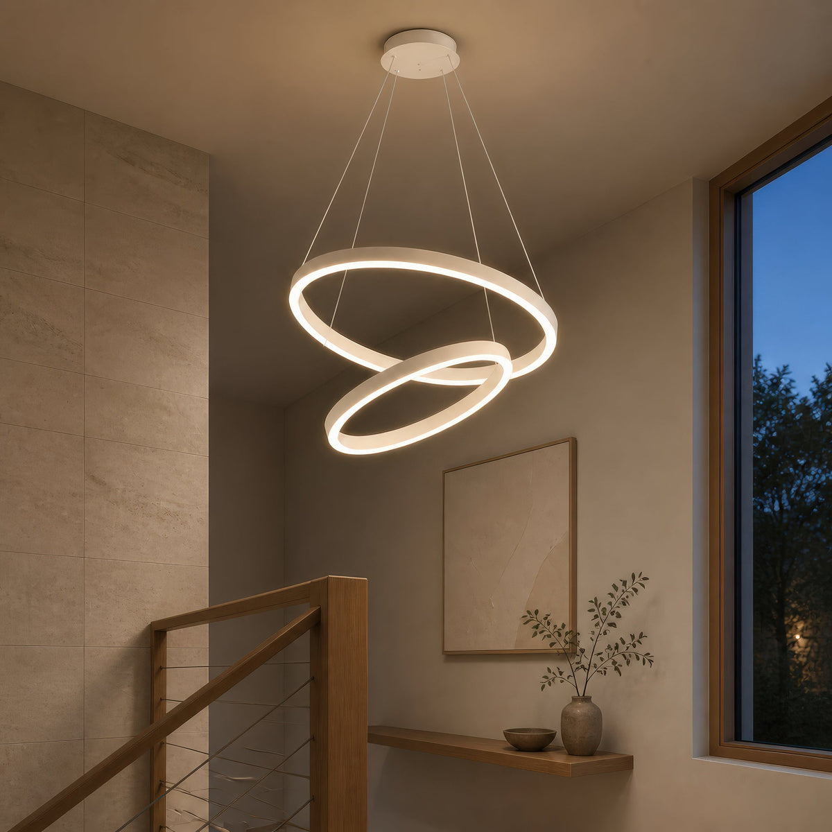 CASIANA 41W LED Pendant Chandelier with Remote Control, 2 Rings, Cool/Warm/Neutral Light, Dimmable, White, Adjustable Height, imaginea 13