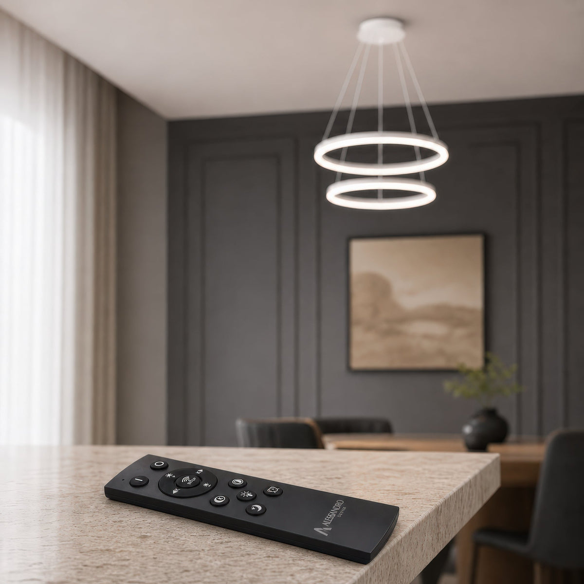 CASIANA 41W LED Pendant Chandelier with Remote Control, 2 Rings, Cool/Warm/Neutral Light, Dimmable, White, Adjustable Height, imaginea 3
