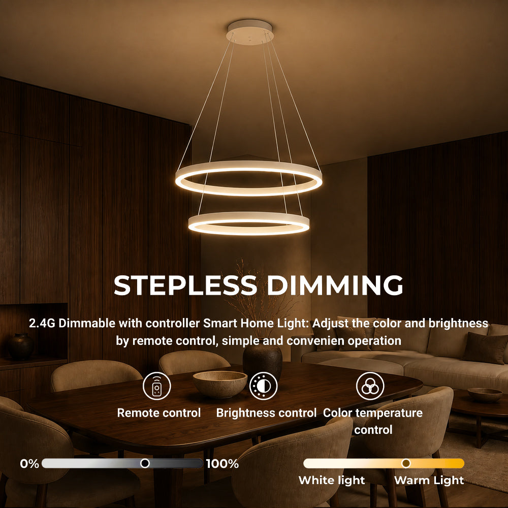CASIANA 41W LED Pendant Chandelier with Remote Control, 2 Rings, Cool/Warm/Neutral Light, Dimmable, White, Adjustable Height, imaginea 4