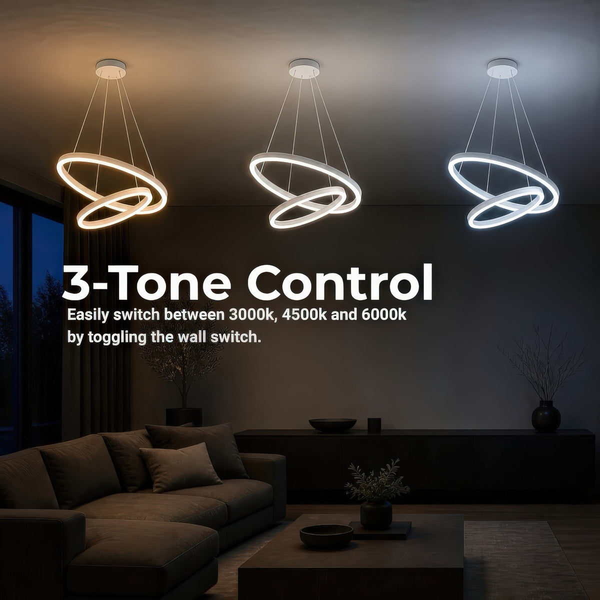 CASIANA 41W LED Pendant Chandelier with Remote Control, 2 Rings, Cool/Warm/Neutral Light, Dimmable, White, Adjustable Height, imaginea 5
