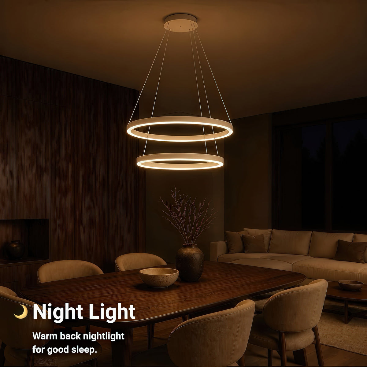 CASIANA 41W LED Pendant Chandelier with Remote Control, 2 Rings, Cool/Warm/Neutral Light, Dimmable, White, Adjustable Height, imaginea 6
