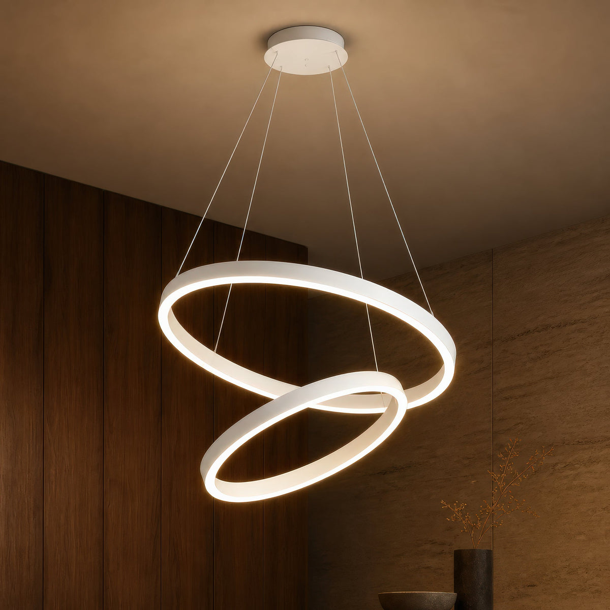CASIANA 41W LED Pendant Chandelier with Remote Control, 2 Rings, Cool/Warm/Neutral Light, Dimmable, White, Adjustable Height, imaginea 2
