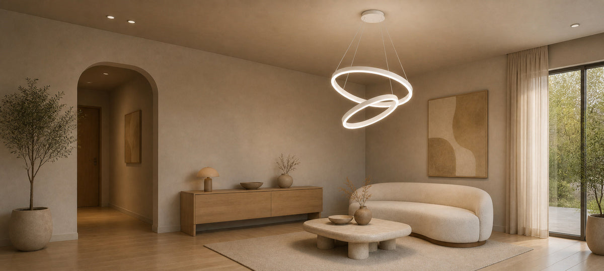 CASIANA 41W LED Pendant Chandelier with Remote Control, 2 Rings, Cool/Warm/Neutral Light, Dimmable, White, Adjustable Height, imaginea 14