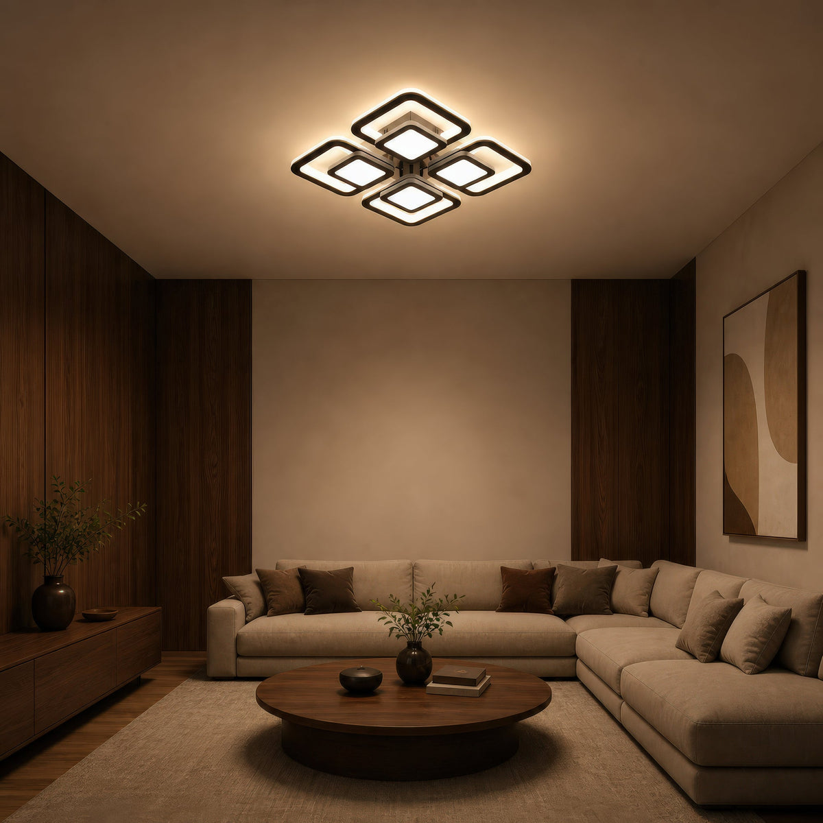 SUSAN 96W LED Chandelier with Remote Control, 4 Squares, Cool/Warm/Neutral Light, Dimmable, Black, imaginea 10