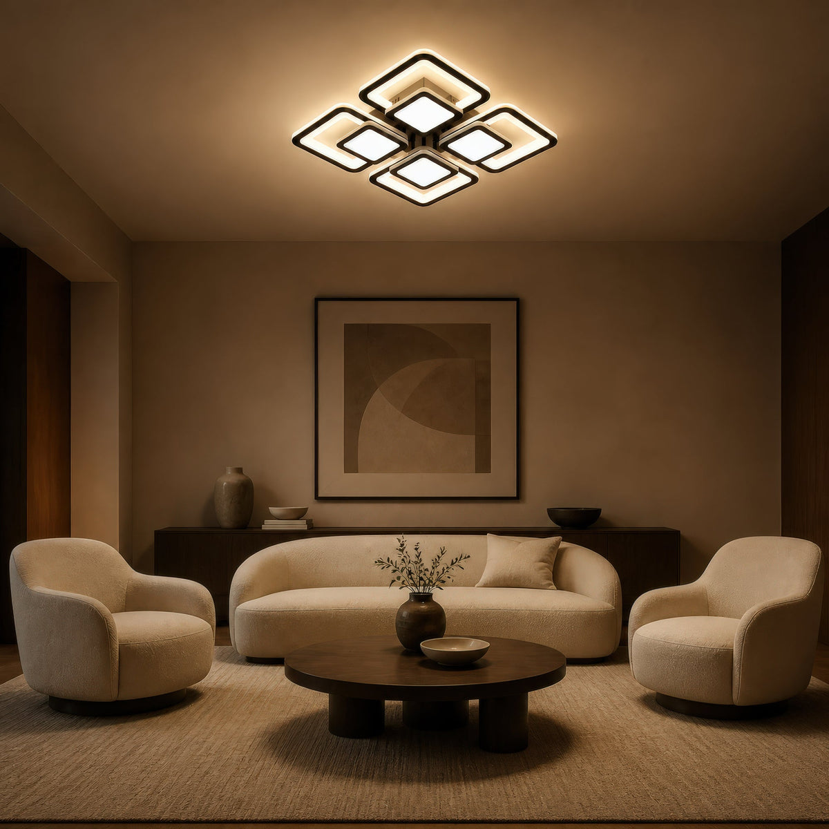 SUSAN 96W LED Chandelier with Remote Control, 4 Squares, Cool/Warm/Neutral Light, Dimmable, Black, imaginea 11