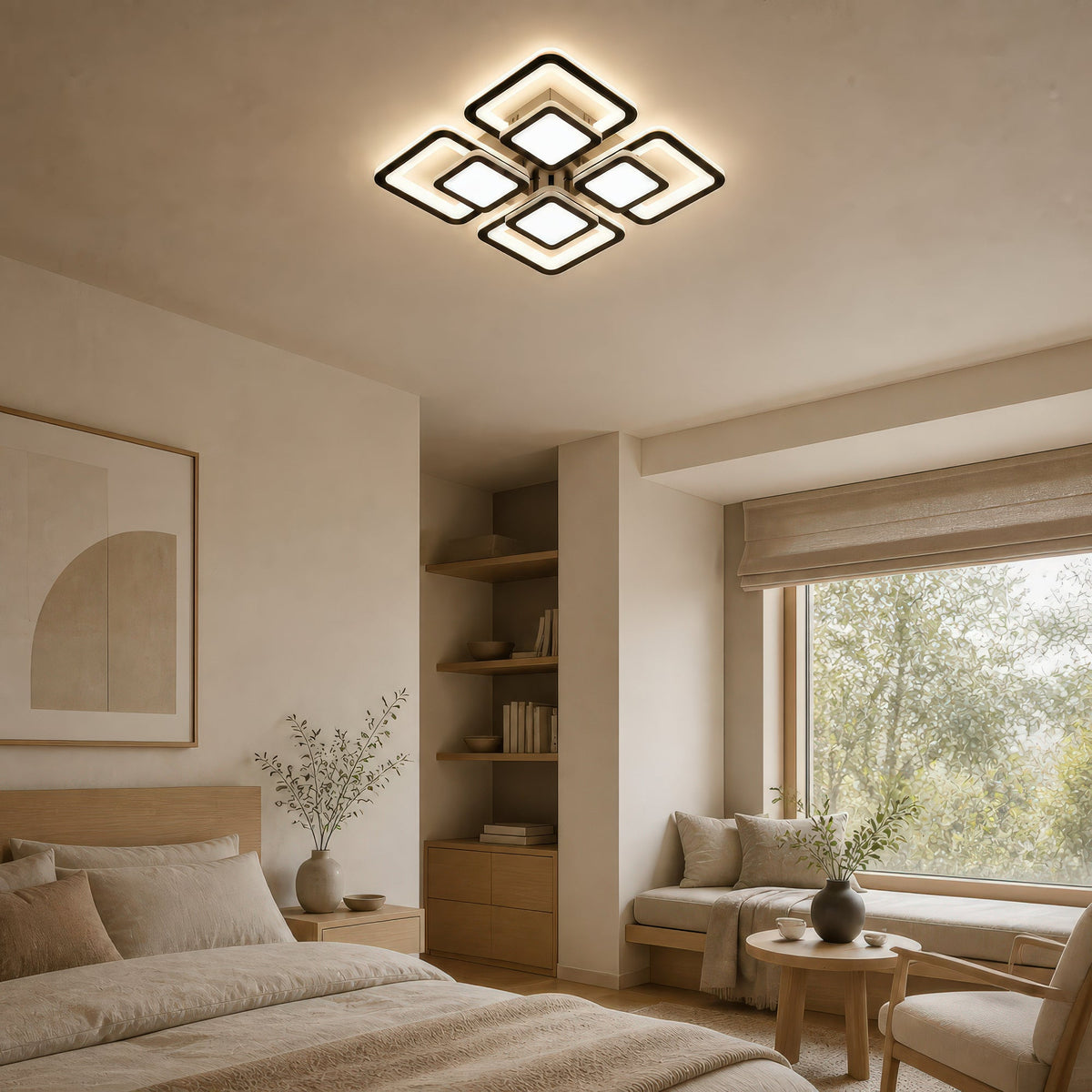 SUSAN 96W LED Chandelier with Remote Control, 4 Squares, Cool/Warm/Neutral Light, Dimmable, Black, imaginea 12