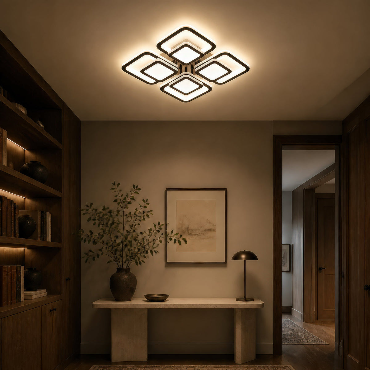SUSAN 96W LED Chandelier with Remote Control, 4 Squares, Cool/Warm/Neutral Light, Dimmable, Black, imaginea 13