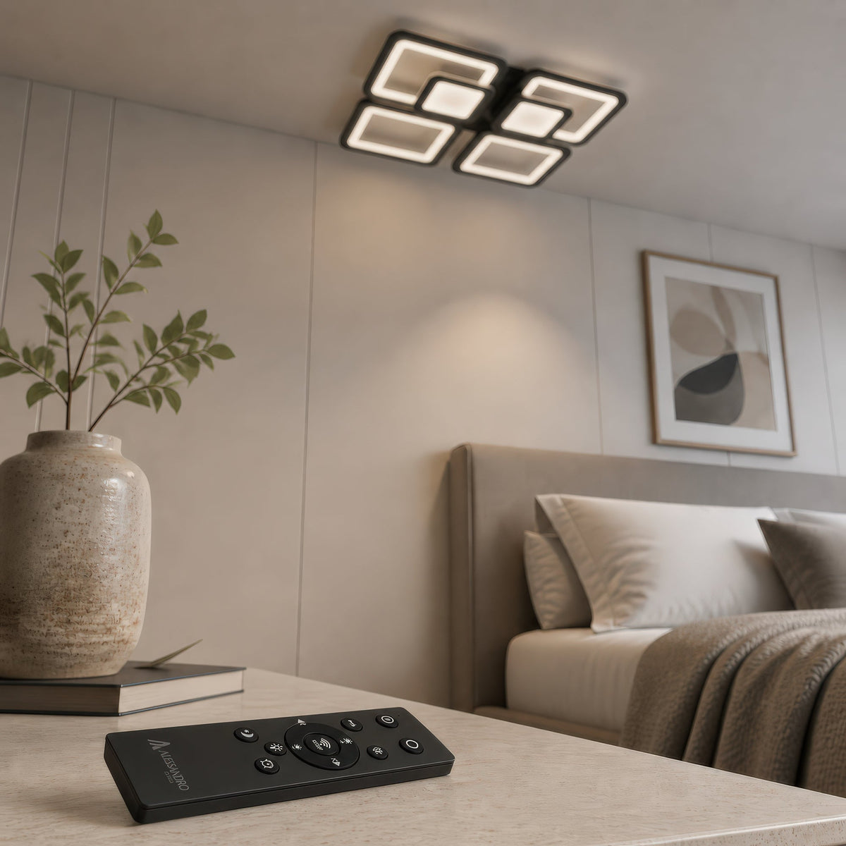 SUSAN 96W LED Chandelier with Remote Control, 4 Squares, Cool/Warm/Neutral Light, Dimmable, Black, imaginea 6