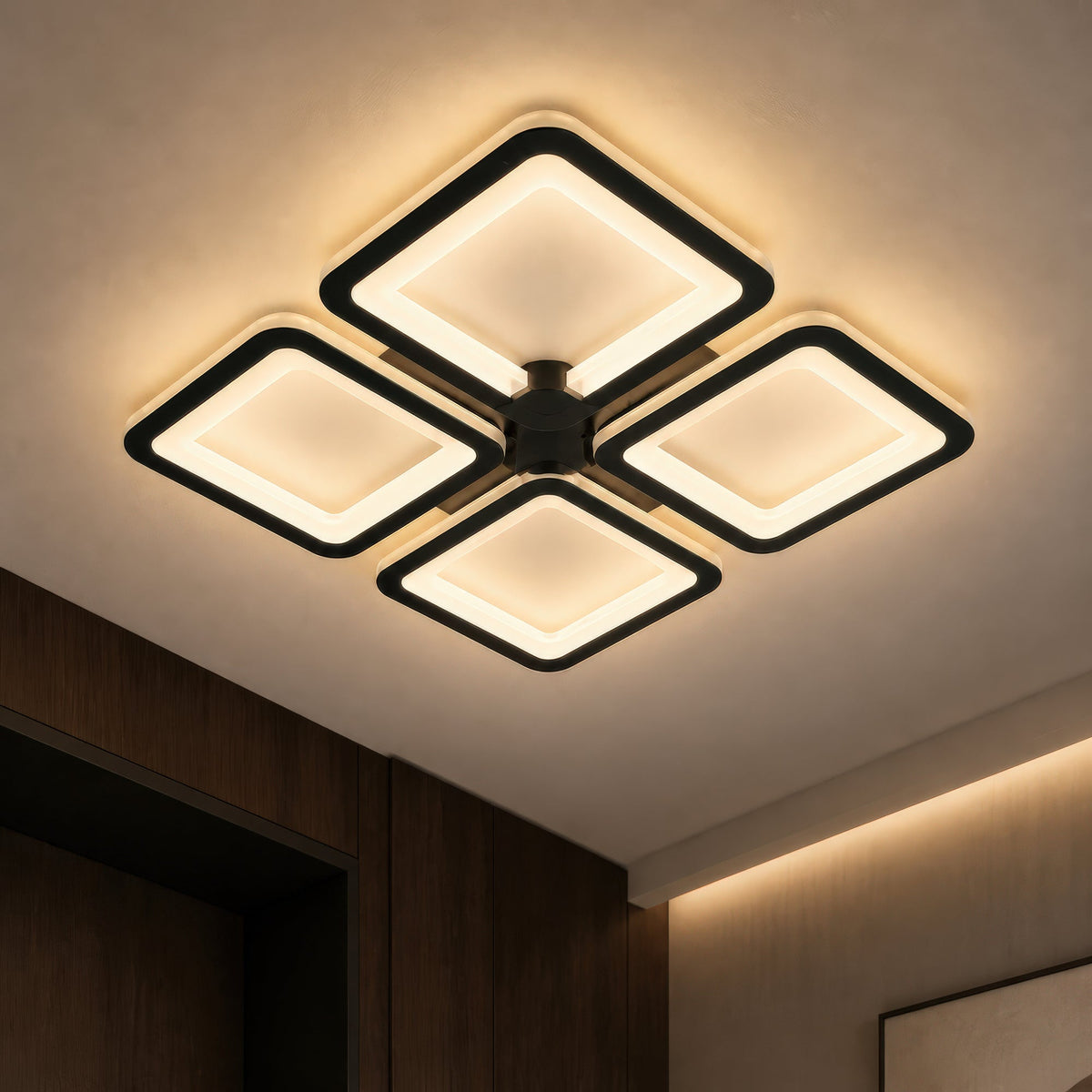 SUSAN 96W LED Chandelier with Remote Control, 4 Squares, Cool/Warm/Neutral Light, Dimmable, Black, imaginea 9