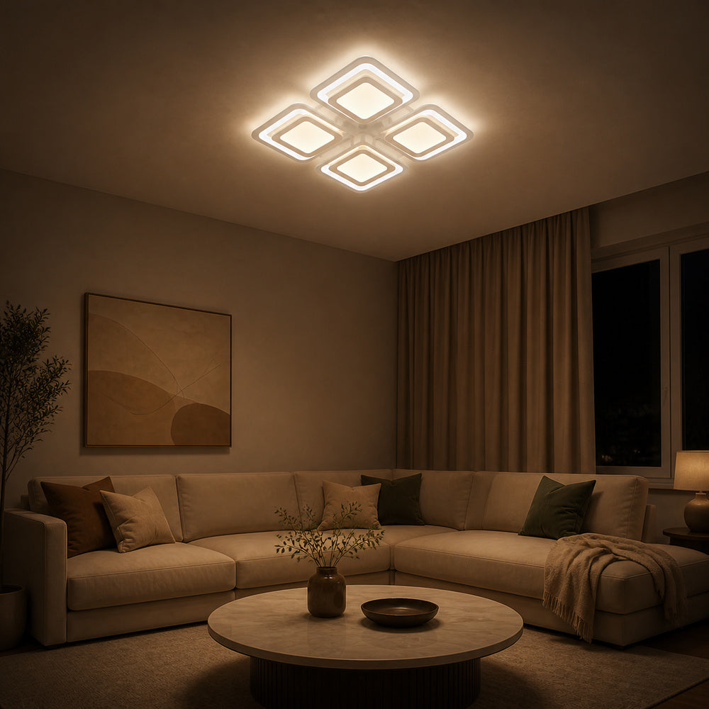 SUSAN 96W LED Chandelier with Remote Control, 4 Squares, Cool/Warm/Neutral Light, Dimmable, White, imaginea 1