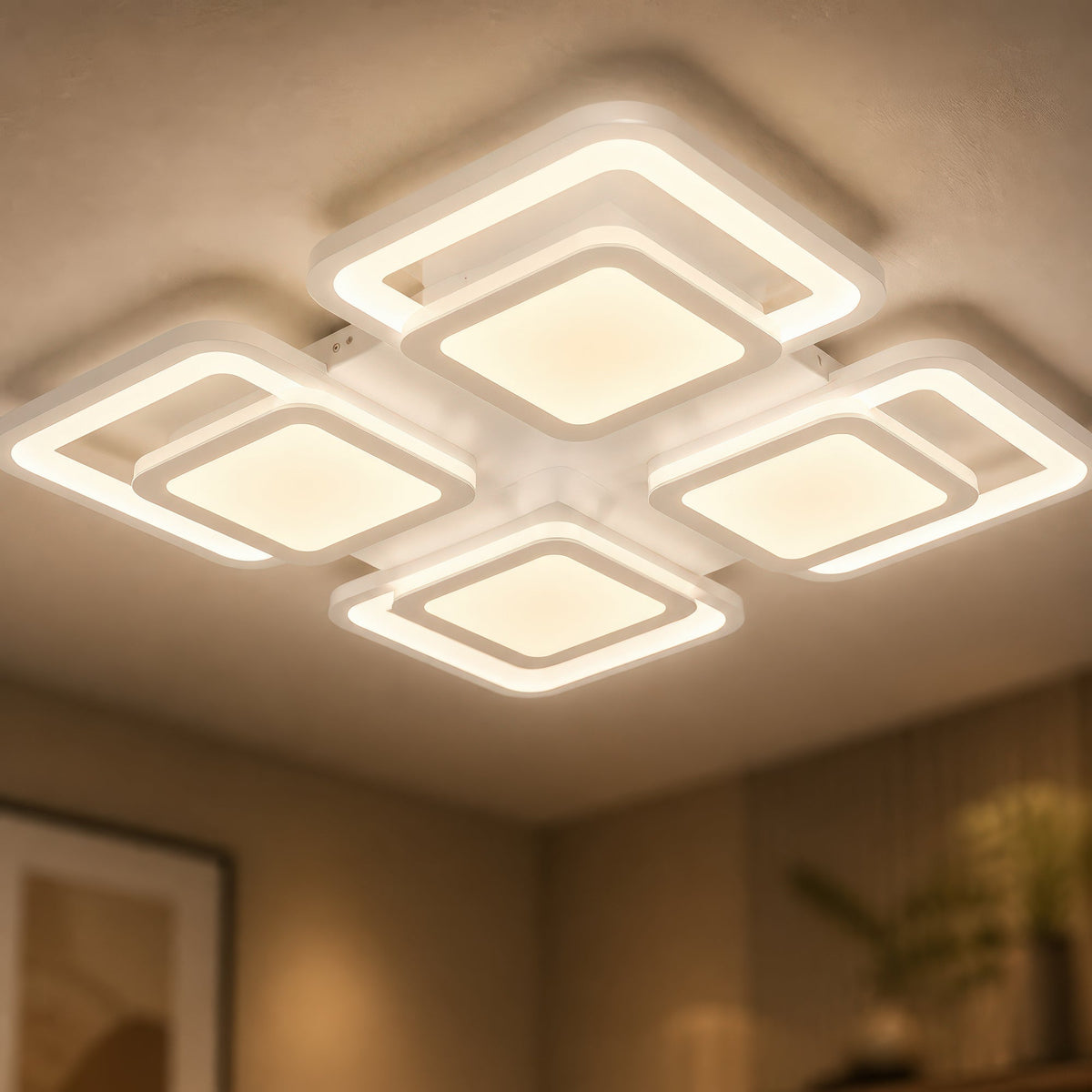 SUSAN 96W LED Chandelier with Remote Control, 4 Squares, Cool/Warm/Neutral Light, Dimmable, White, imaginea 2