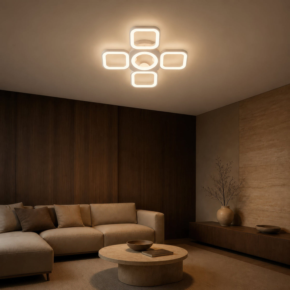LED luster s diaľkovým ovládačom ZOE 70W, 5 štvorcov, studené/teplé/neuterálne svetlo, stmívateľný, biely, imaginea 9