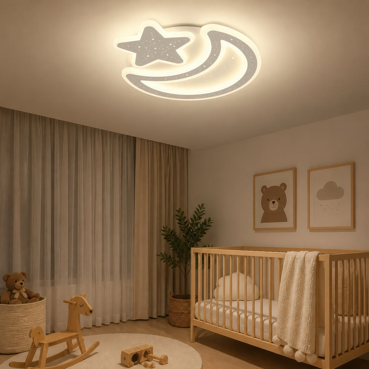 Lustra LED Nova cu Telecomanda, 89W,  Dimabil, Forma Luna si Stea, Alb, imaginea 1