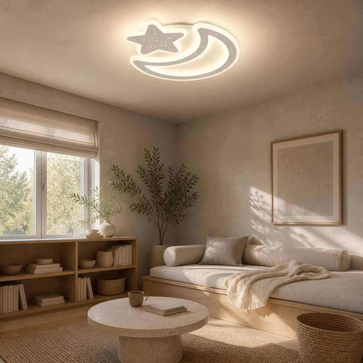 Lustra LED Nova cu Telecomanda, 89W,  Dimabil, Forma Luna si Stea, Alb, imaginea 12
