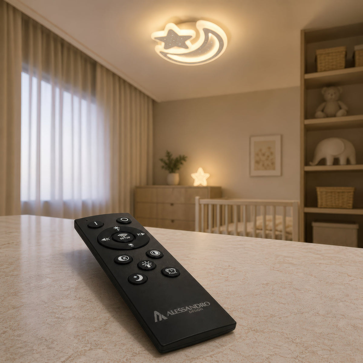 Lustra LED Nova cu Telecomanda, 89W,  Dimabil, Forma Luna si Stea, Alb, imaginea 3