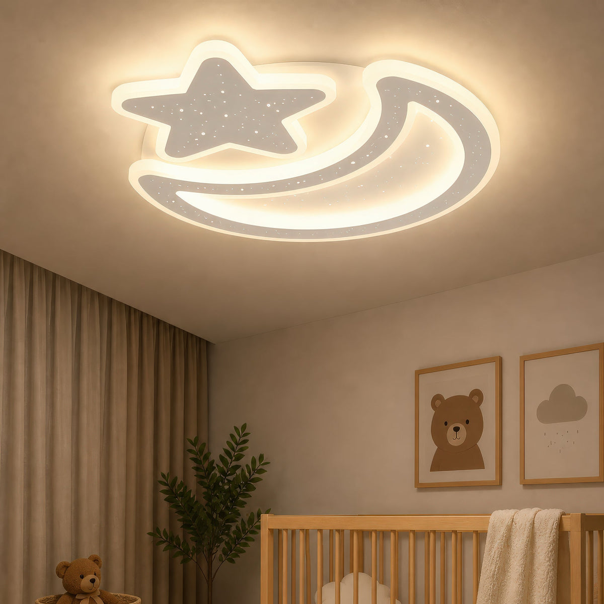 Lustra LED Nova cu Telecomanda, 89W,  Dimabil, Forma Luna si Stea, Alb, imaginea 9