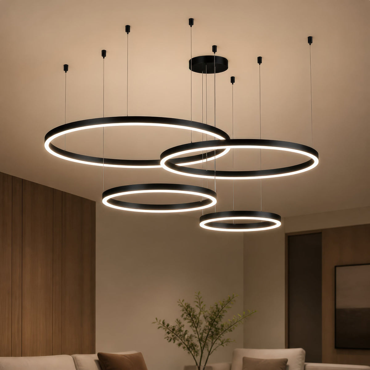 Lustra LED suspendata cu telecomanda LT813/4BK 139W, 4 Cercuri, lumina Rece/Calda/Neutra, Dimabila, Negru, Inaltime Reglabila