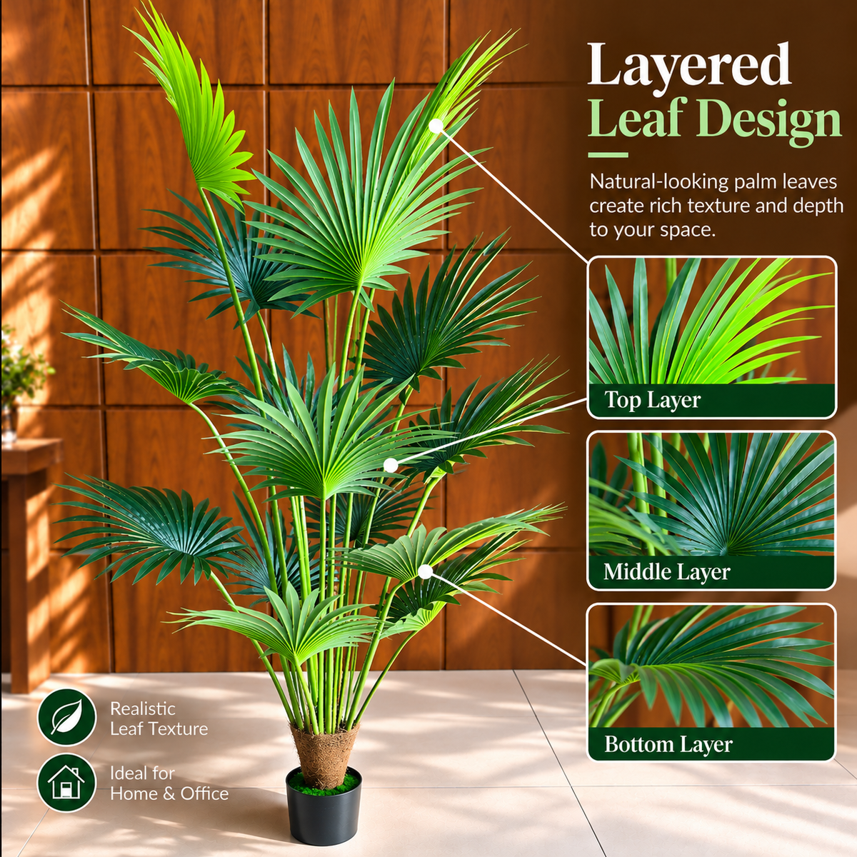Decorațiune Palmier Livistona Evantai, 12 frunze, Plastic, 180 cm, Verde