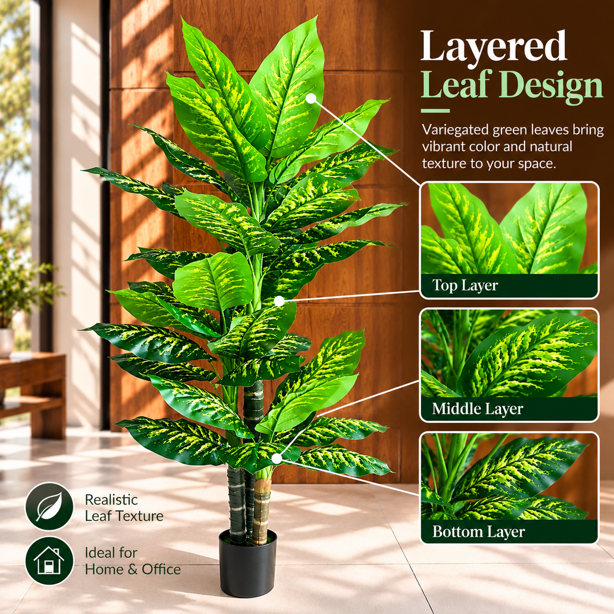 Decorațiune Dieffenbachia, 3 tulpini, Plastic, 190 cm, Verde