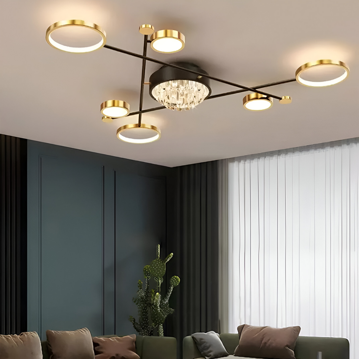 LED luster s diaľkovým ovládačom a krištáľom GUIDA 38 W, 6 svetelných zdrojov, studené/teplé/neutrálne svetlo, dimovateľný, čierny/zlatý, imaginea 1