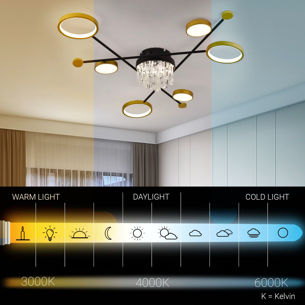 LED luster s diaľkovým ovládačom a krištáľom GUIDA 38 W, 6 svetelných zdrojov, studené/teplé/neutrálne svetlo, dimovateľný, čierny/zlatý, imaginea 3