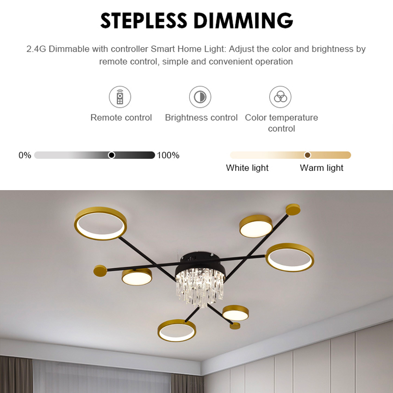 LED luster s diaľkovým ovládačom a krištáľom GUIDA 38 W, 6 svetelných zdrojov, studené/teplé/neutrálne svetlo, dimovateľný, čierny/zlatý, imaginea 4
