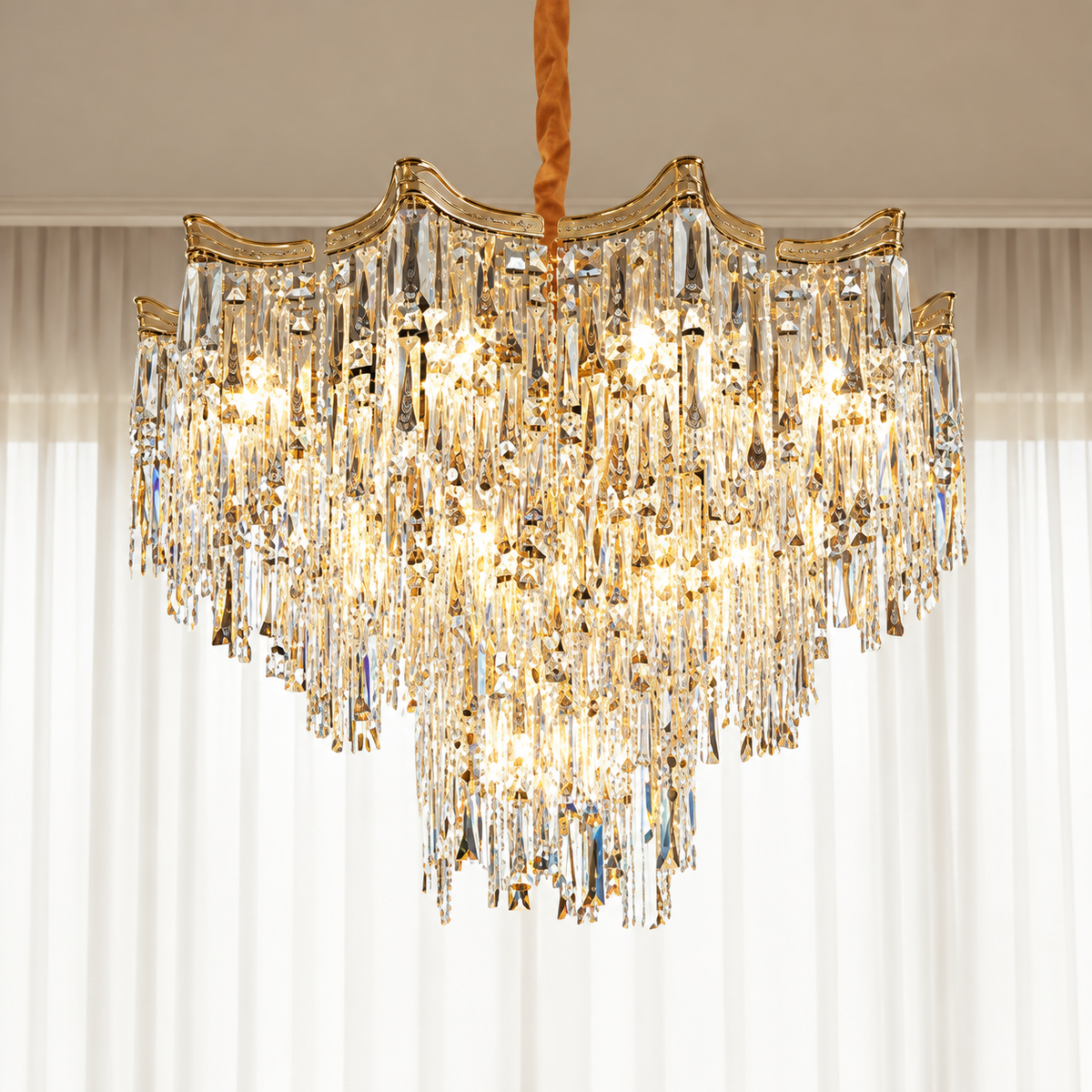 Candelabru Cristal VETRA Eleganza 9xE14, D50 cm, Auriu, Inaltime Reglabila, Metal si Cristal