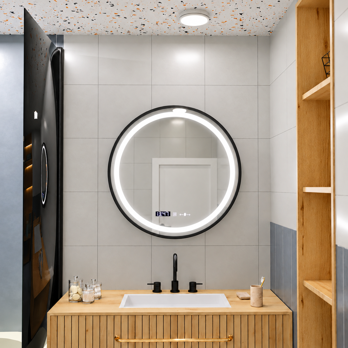 Oglinda LED Rotunda, 80cm, Celeste Majesté Noir MotionGlow Marcello, Sistem Dezaburire, Ceas & Termometru, Dimabila