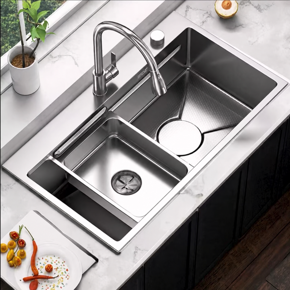 Set Chiuveta Bucatarie Inox, Cuva Universala cu Dop Scurgere, Spalator Pahare, Negru Grafit, 75x45X21cm