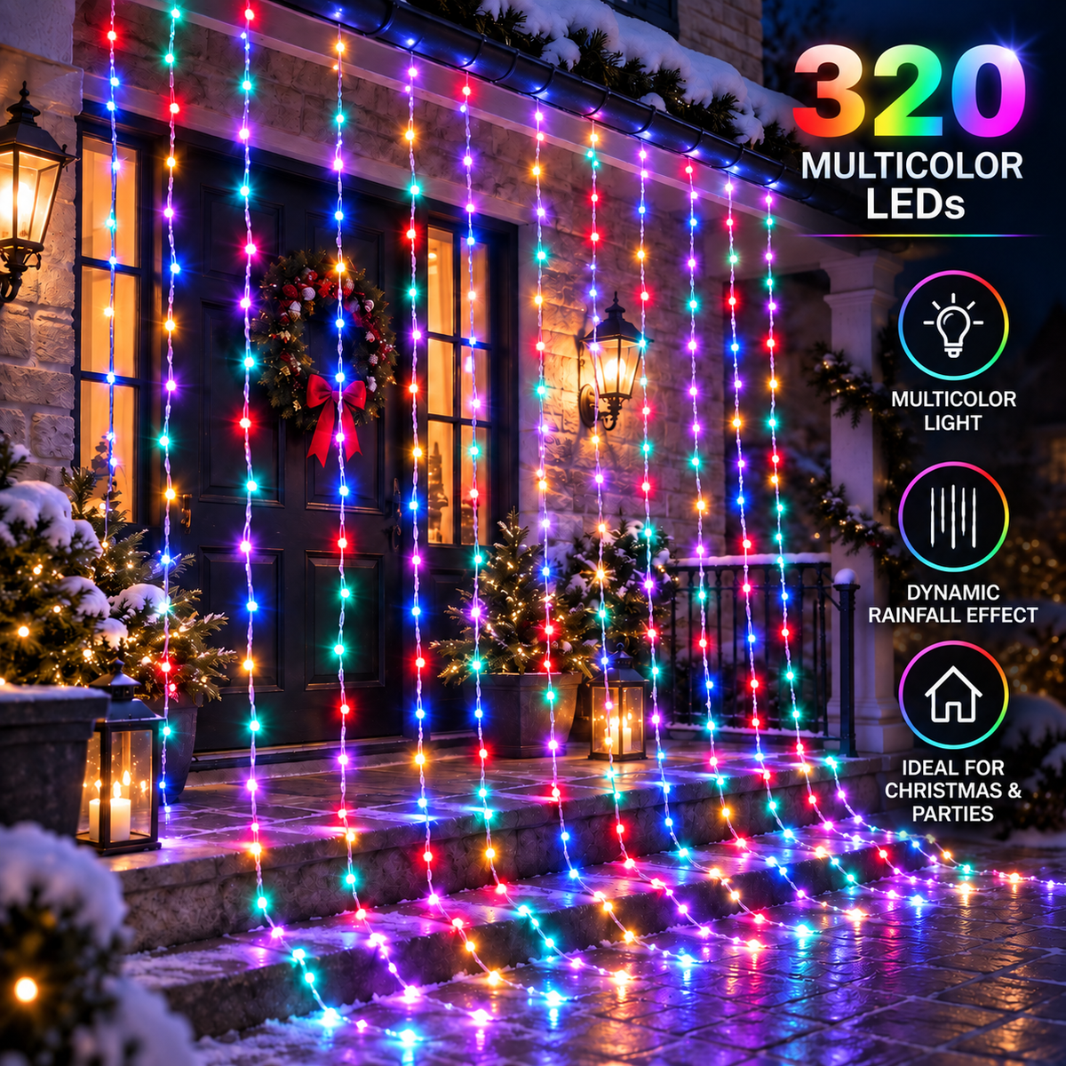 Instalatie de Craciun Tip Ploaie, Lumina Multicolora, 300 x 300cm, 320 LED-uri