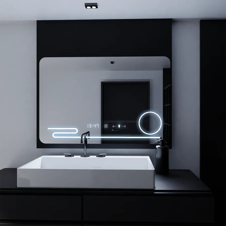 Oglinda LED Rectangulara, 120x80cm, Harmonie MotionGlow Marcello, Sistem Dezaburire, Ceas & Termometru, Lupa Cosmetica, Dimabila