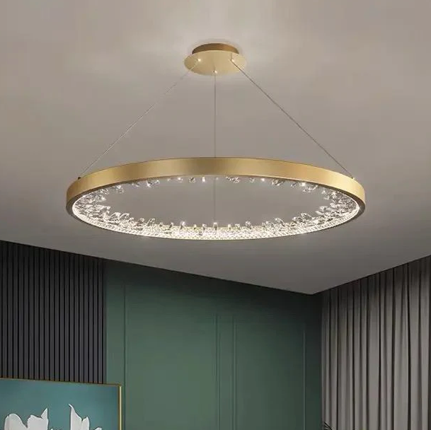 Lustra LED suspendata cu telecomanda, Cristale K9, 29W, 1 Cerc, lumina Rece/Calda/Neutra, Dimabila, Auriu, Inaltime Reglabila